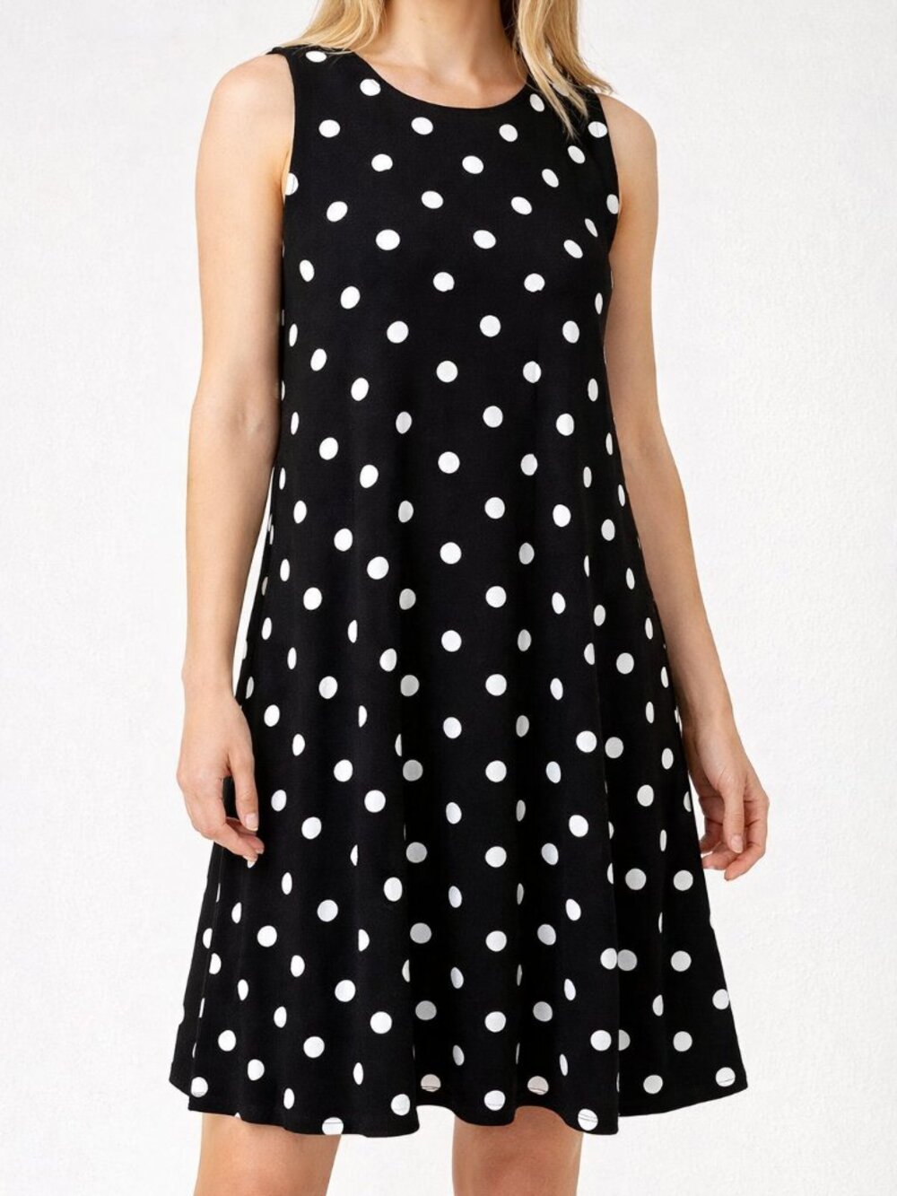 Anne Klein Black & White Polka Dot Sleeveless A-Line Swing Dress, Size 8